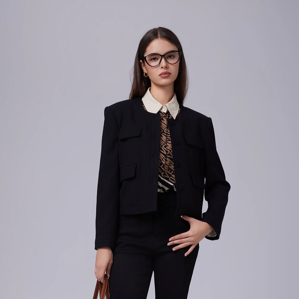 唯厚秋冬新款090019绵羊毛短外套气质小香风时尚休闲黑色复古2024