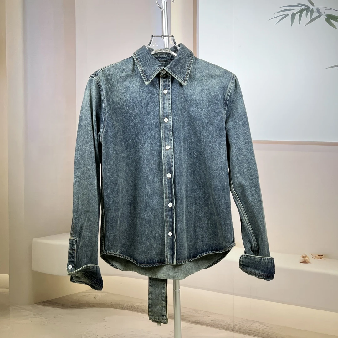 柔软耐用的牛仔衬衫牛仔衬衫衬衣长袖蓝色时尚休闲翻领水洗100038