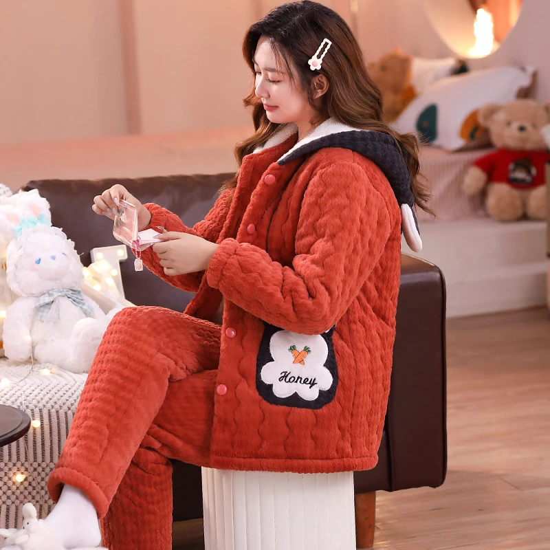 2023睡衣冬季女款珊瑚绒夹棉女套装法兰绒三层加厚加绒家居服套装
