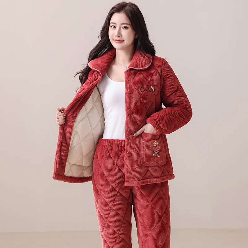 冬季睡衣女加厚保暖珊瑚绒三层夹棉中老年妈妈法兰绒家居服秋冬款