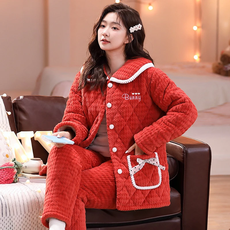 睡衣秋冬女珊瑚绒三层夹棉袄加厚加绒保暖可外穿法兰绒家居服套装