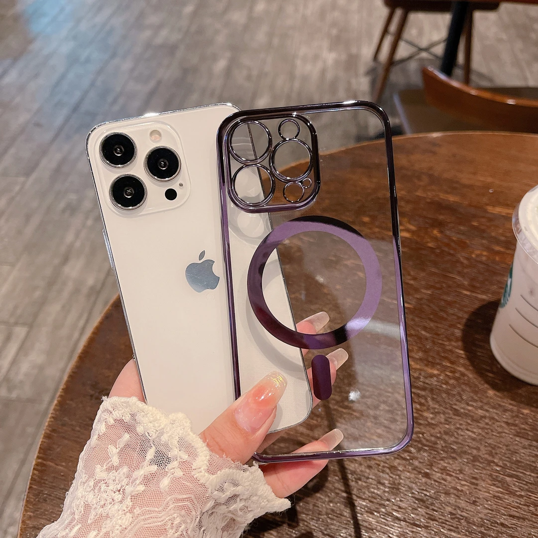 透明亮面电镀磁吸软硅胶适用苹果15手机壳iphone14全包防摔保护套