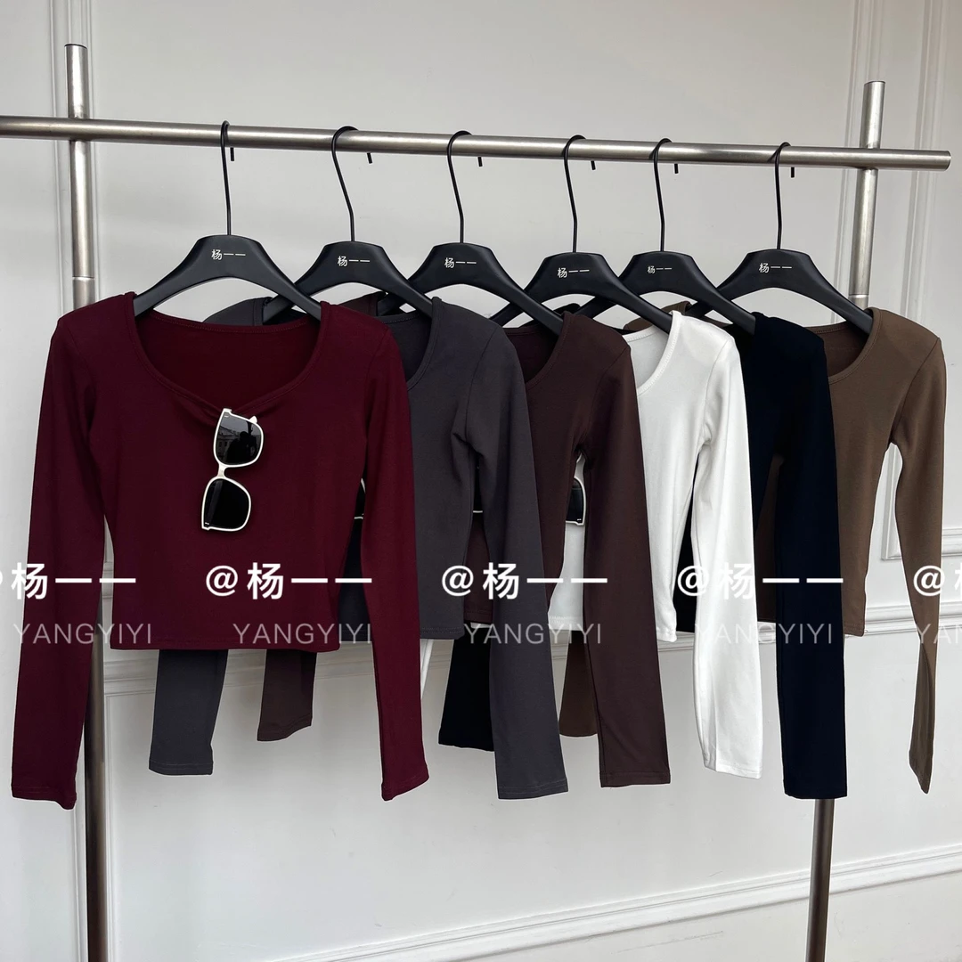 8382杨一一推荐 u领露锁骨短款打底新款韩版修身显瘦长袖T恤上衣