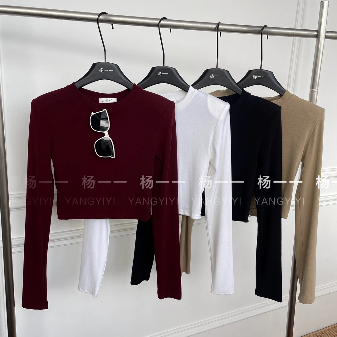 8828杨一一推荐 秋季新款长袖高腰短款纯色韩版打底衫上衣t恤2023