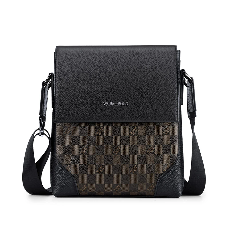 英皇保罗格子纹牛皮斜挎包单肩包翻盖式邮差包挎包真皮男士