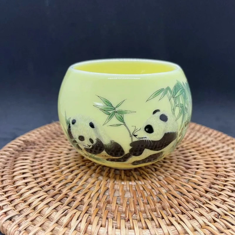 【熊猫杯】熊猫抱竹龙蛋杯羊脂玉瓷主人杯品茗杯