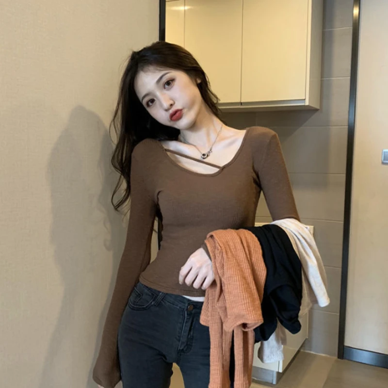 【温妮心选】719圆领镂空长袖T桖女装新款修身紧身上衣打底衫