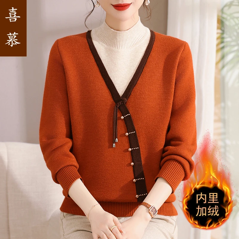 2024妈妈装加绒半高领毛衣冬装中老年假两件针织衫中年女装打底衫