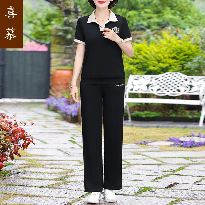 中年妈妈夏装运动服套装洋气上衣中老年女时尚夏季短袖t恤两件套