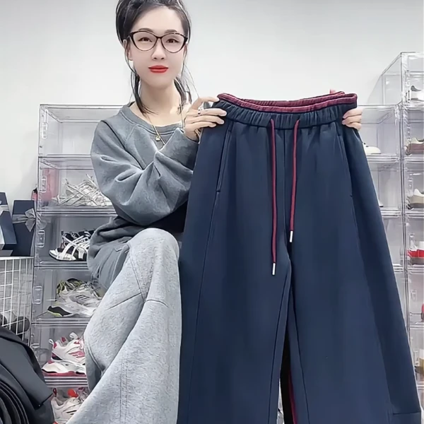 拼色腰头百搭休闲裤女2024秋冬新款加绒加厚弯刀裤宽松显瘦阔腿裤