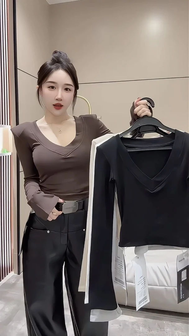 柔软质感基础款V领长袖T恤纯色打底衫紧身上衣纯色内搭秋冬新款