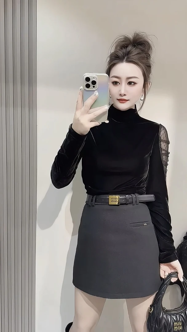 泡泡袖网纱拼接半高领丝绒打底衫女2024秋冬内搭镂空长袖t恤上衣