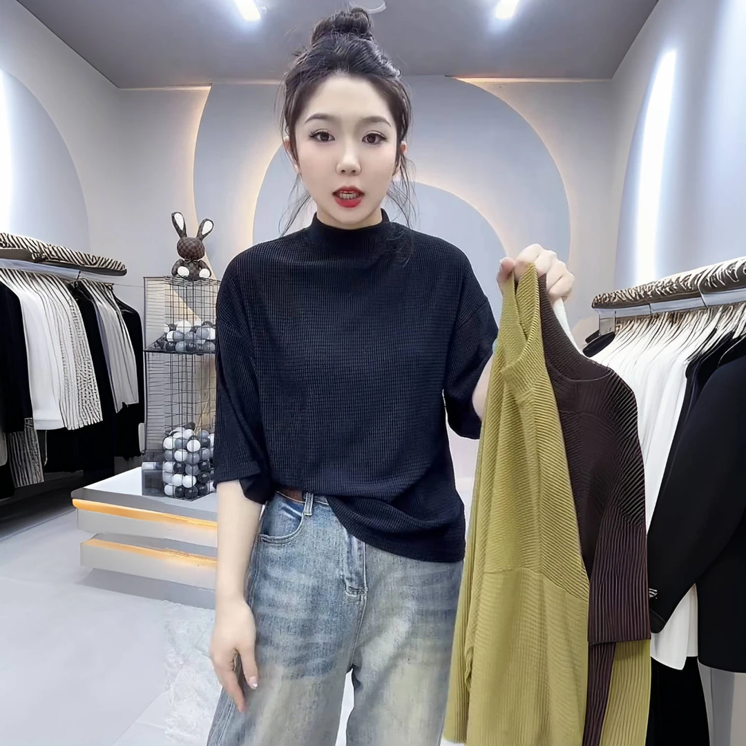 欧货定制2025春夏新款显瘦百搭纯色中领个性半袖打底衫弹力上衣女