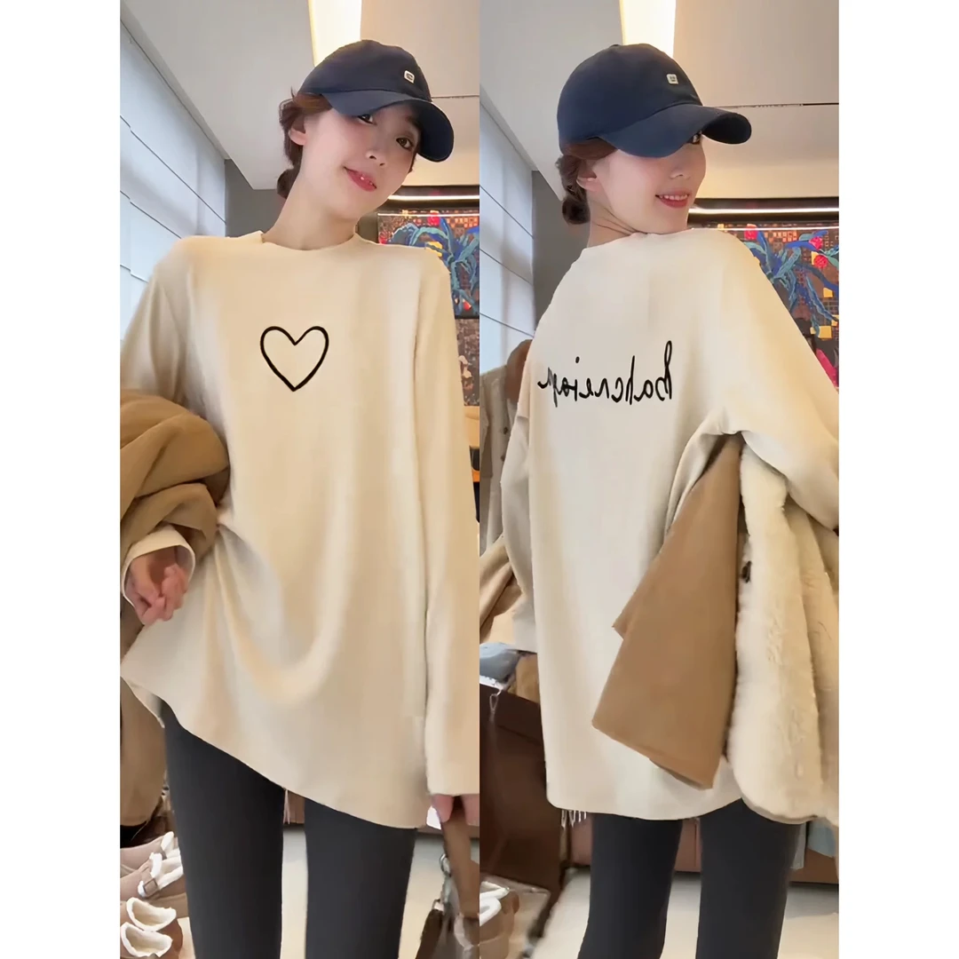 【现货】爱心印花圆领套头卫衣秋冬2025新款宽松慵懒风上衣时尚休闲