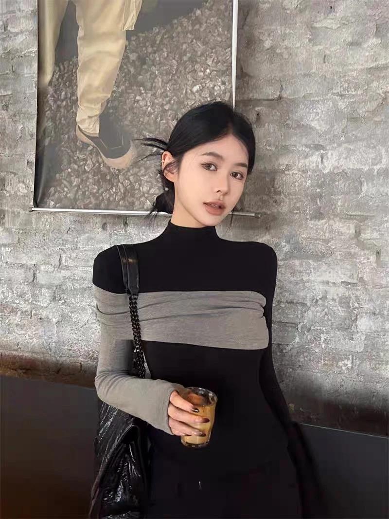 辣妹撞色拼接设计感长袖T恤女冬季弹力修身性感气质上衣
