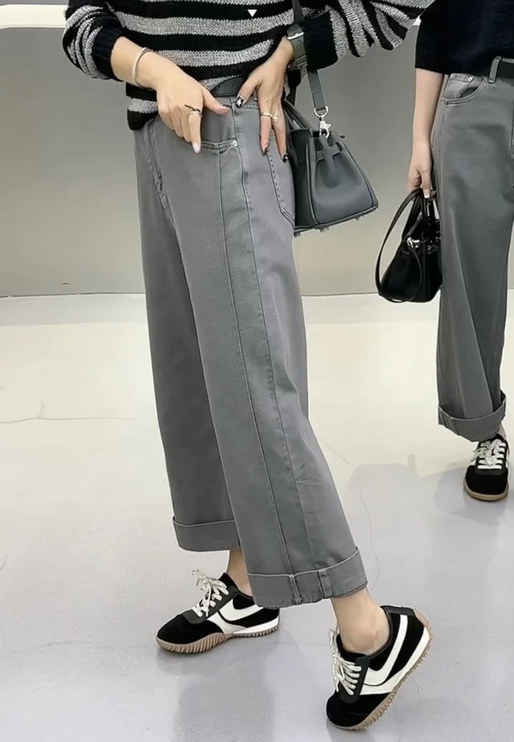萱贝纯2025早秋新款高腰显瘦直筒牛仔裤女百搭时尚九分卷边奶奶裤