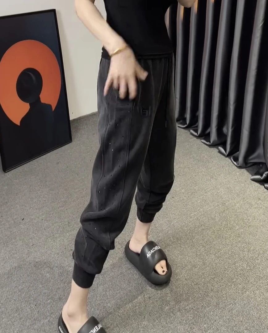 萱贝纯2025春秋新款宽松显瘦重工压钻卫裤女百搭时尚休闲束脚裤子