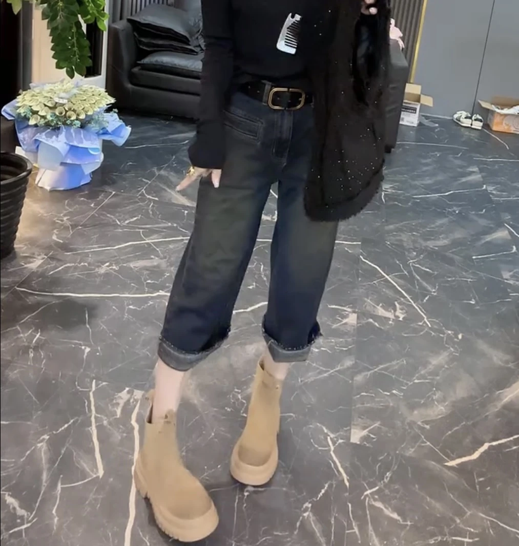 萱贝纯2025春季新款高腰显瘦直筒牛仔裤女时尚休闲七分阔腿奶奶裤