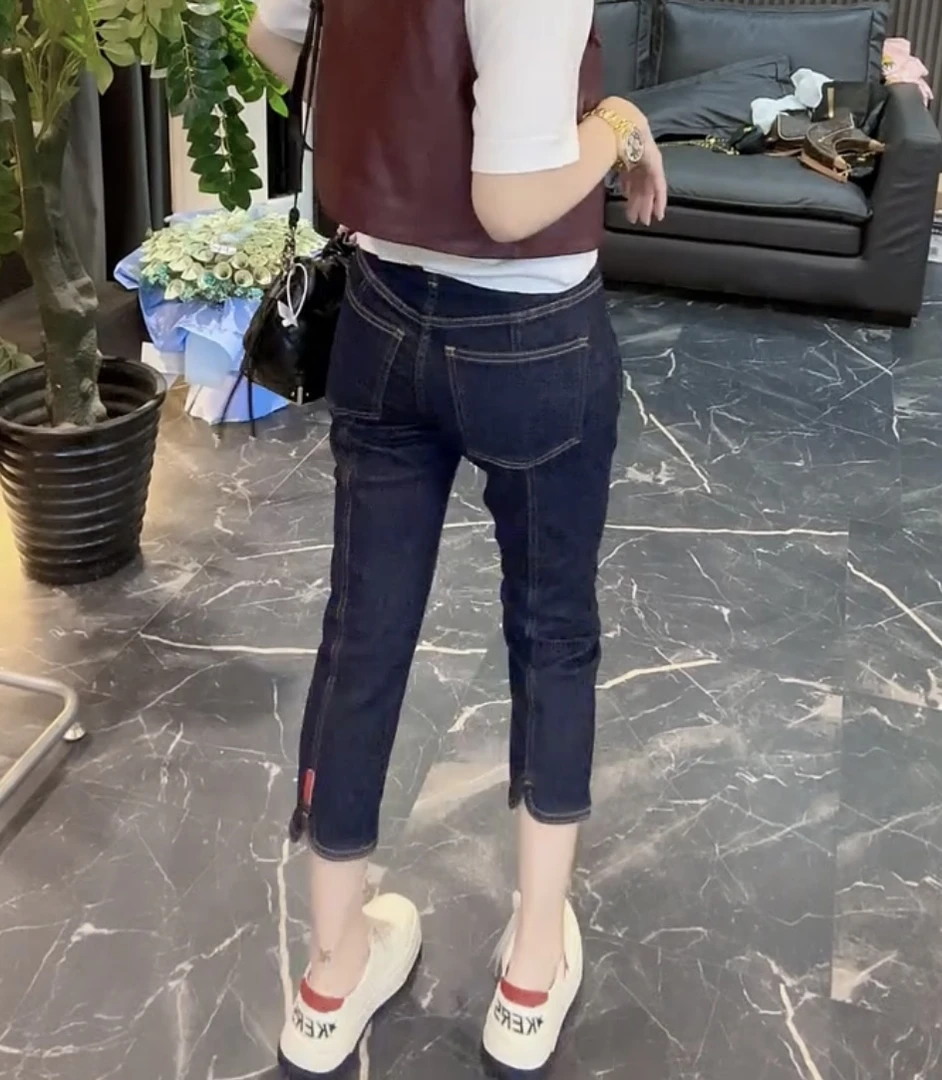 2024早秋新款高腰显瘦直筒牛仔裤女韩版修身弹力七分烟管裤