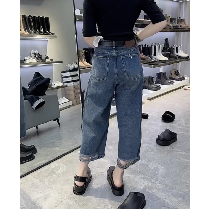 萱贝纯八分直筒烟管牛仔裤女夏季新款宽松遮肉高腰显瘦破洞阔腿裤