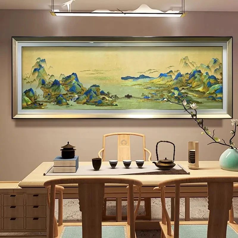 【刺绣】千里江山图刺绣客厅沙发背景新中式挂画220*80