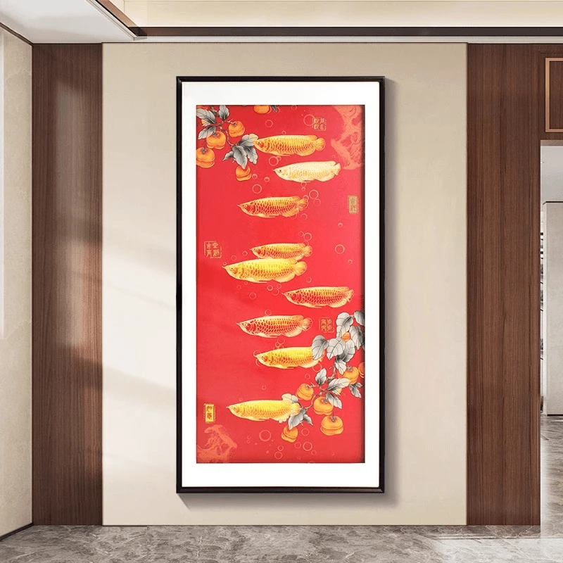 【肌理烫金】九鱼图玄关新款入户客厅走廊过道挂画徽派别墅样板