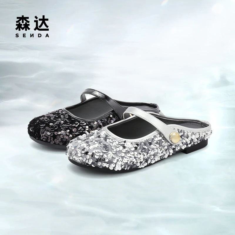 森达穆勒鞋女款24新款秋亮片包头一脚蹬外穿半凉拖鞋ZCC18CH4