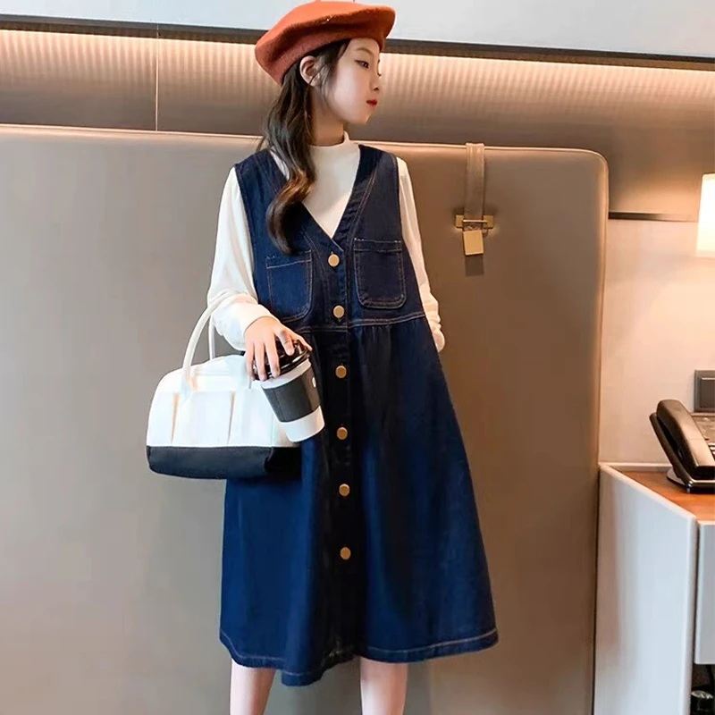 女童连衣裙套装打底衫牛仔背心裙2024新款女孩炸街洋气两件套裙子
