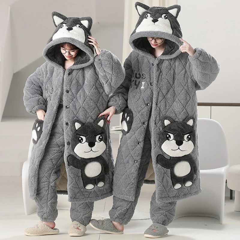 哈士奇卡通睡衣男三层夹棉绒加厚冬季青年可外穿学生家居服套装