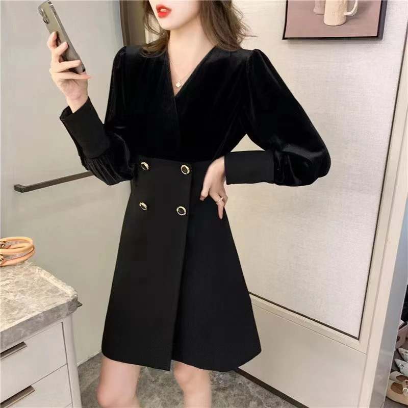 秋季新款女装丝绒v字领a字半身裙小香风连衣裙