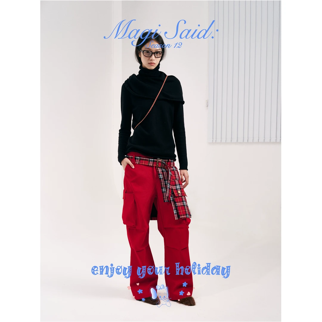 【两件式拼接裤现货】magisaid冬日度假格纹假两件可拆卸裙装工装裤
