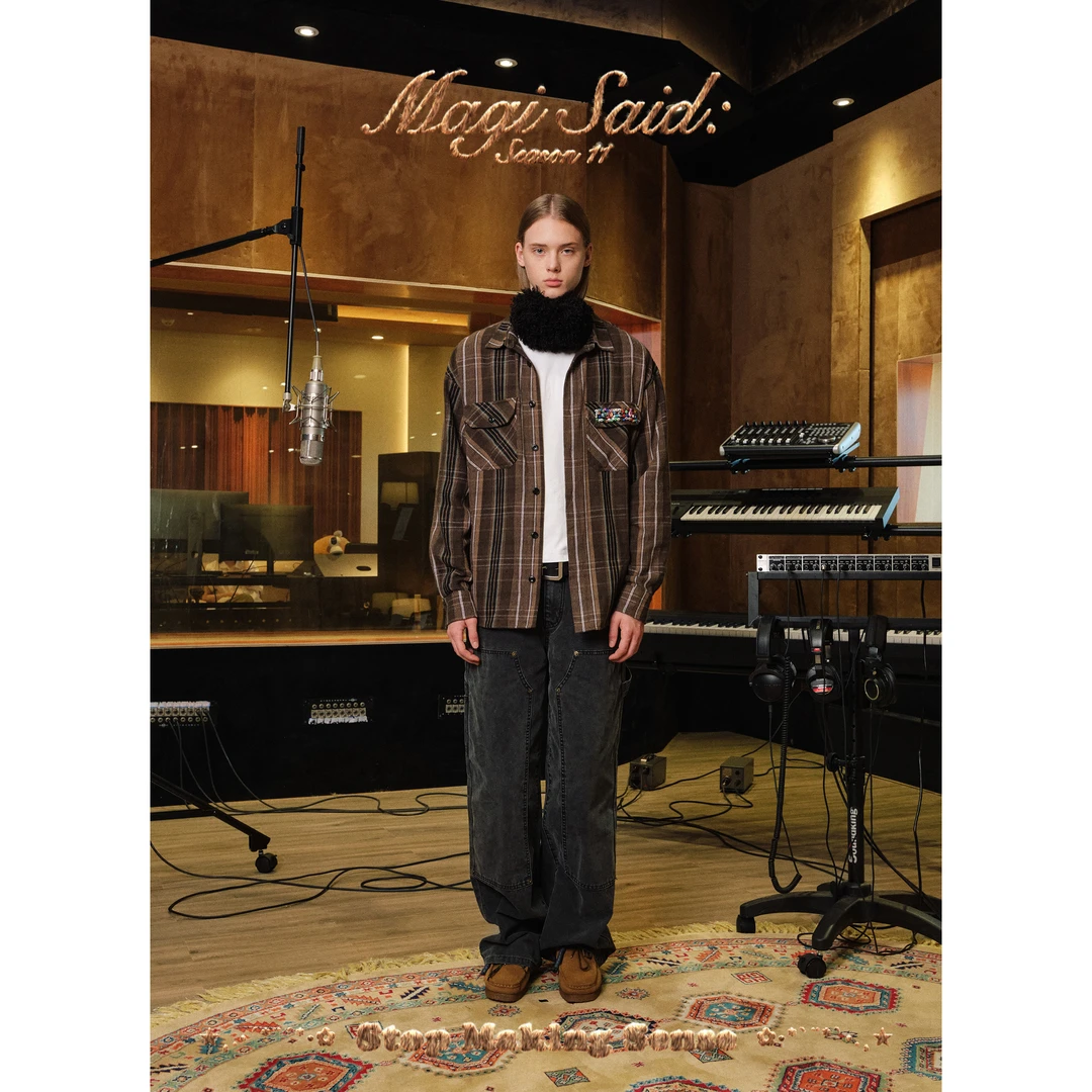 【格纹衬衫现货】宽松落肩钉珠格纹衬衫Oversized Checkered Shirt