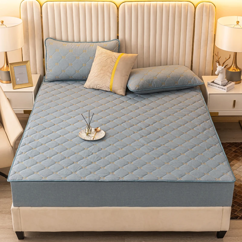 【全棉床笠】新款100%全棉水洗棉纯色刺绣夹棉床套罩全包围床笠-NMZ