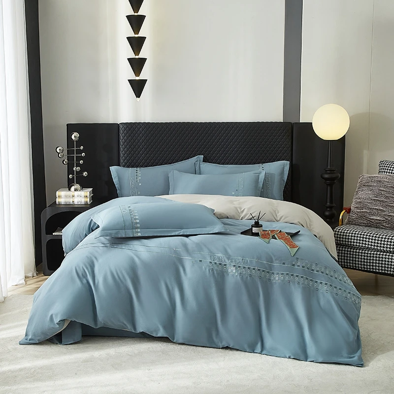 【秋冬保暖】100%全棉加厚轻奢简约纯色磨毛高档刺绣款床上四件套