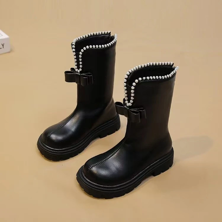 复古小个子厚底增高烟筒靴女童2023秋冬款白色粗跟百搭切尔西短靴