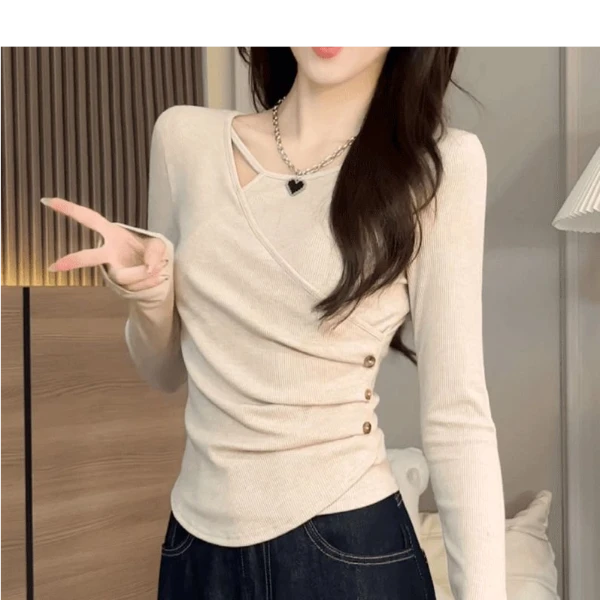 韩系优雅内搭套头打底衫女春秋冬心机镂空百搭上衣设计感修身长袖