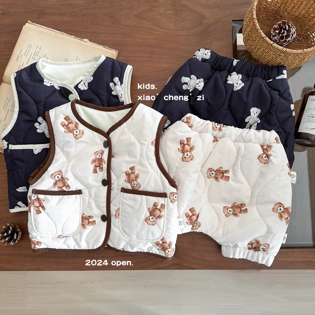 T24D100儿童加绒满印小熊套装婴儿保暖小童卡通洋气【马甲+短裤】