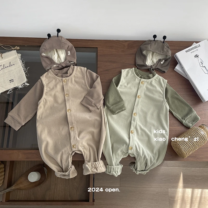 T24Q28新款宝宝连身衣外出韩系ins爬爬服纯色圆领百搭新生儿