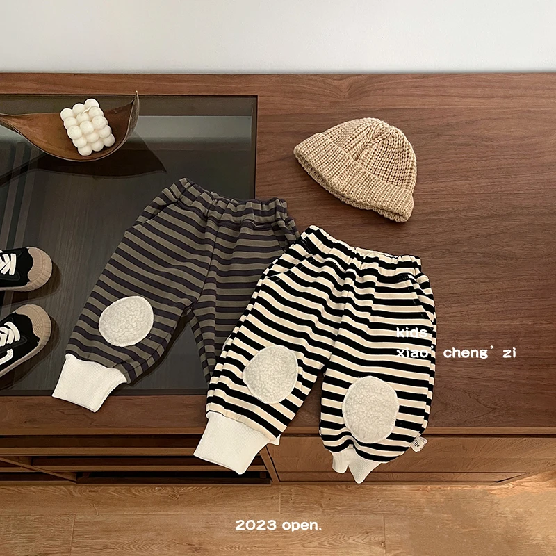 SJ23D15韩版男女宝条纹补丁裤婴幼儿加绒外穿百搭裤子