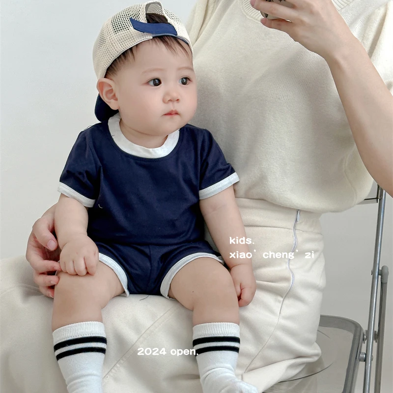 T23X79韩版夏装男童女童运动蓝包边套装洋气婴幼儿短袖纯棉休闲