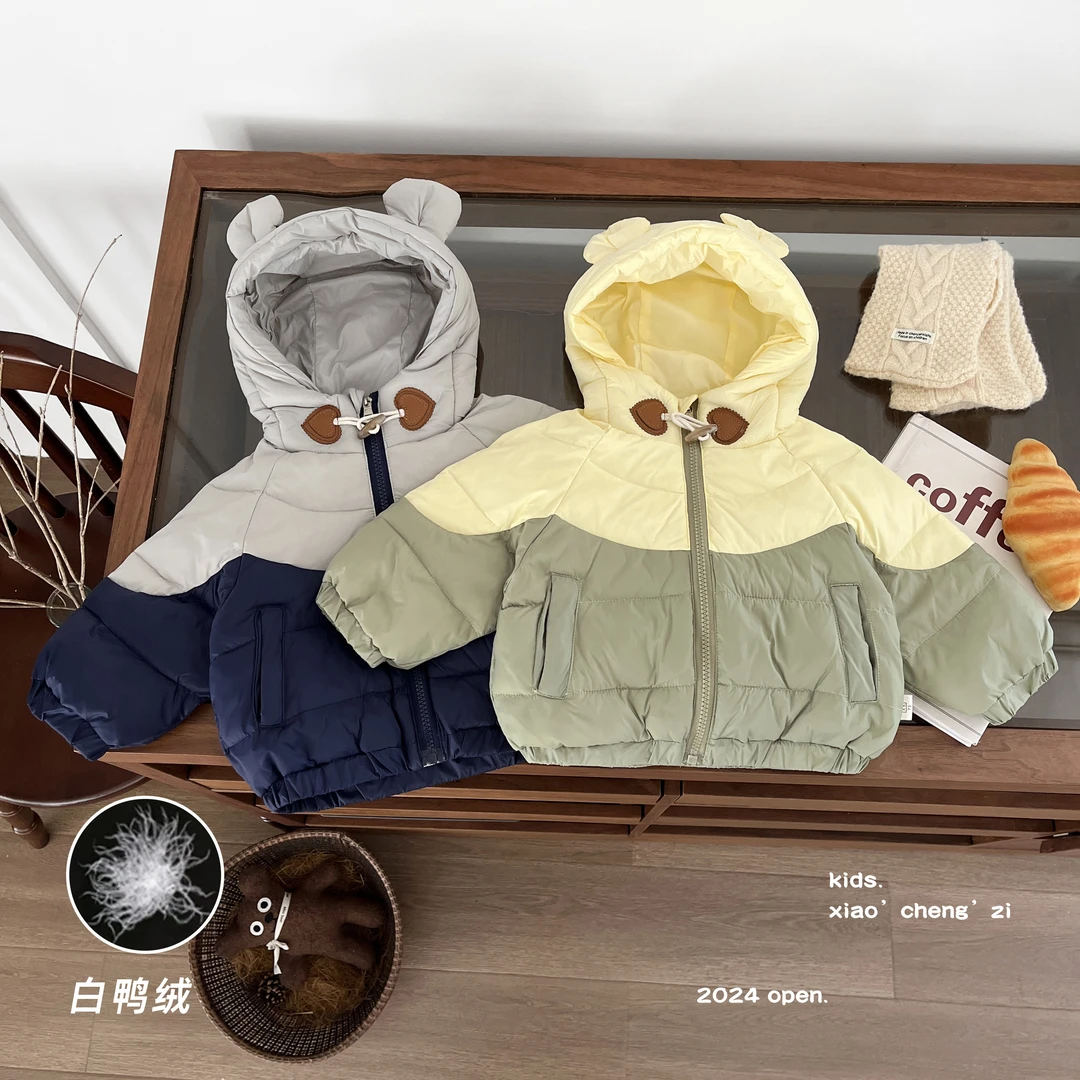 T24D17冬日新款保暖可爱连帽小耳朵女宝宝男宝宝外出百搭羽绒服