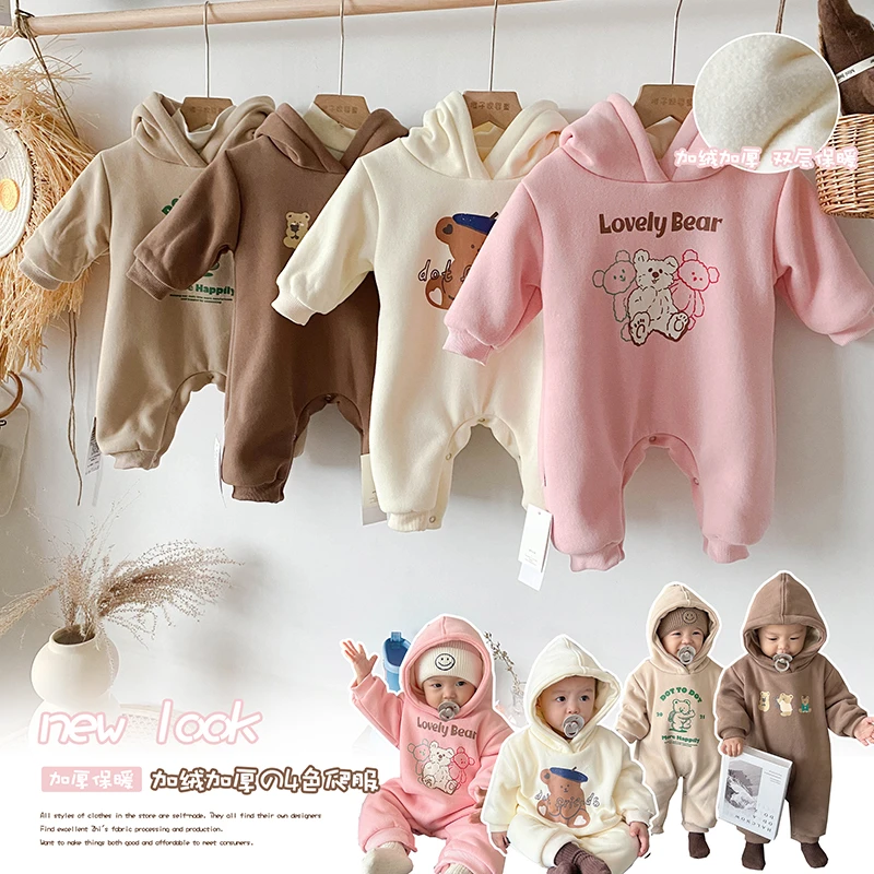 TD2178韩版秋冬婴儿加绒加厚卡通连体衣连帽宝宝哈衣爬服保暖抱衣