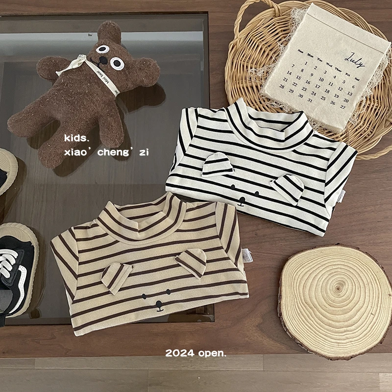 T24Q12百搭条纹内搭上衣半高领男宝女宝T恤长袖小童可爱秋冬宝宝