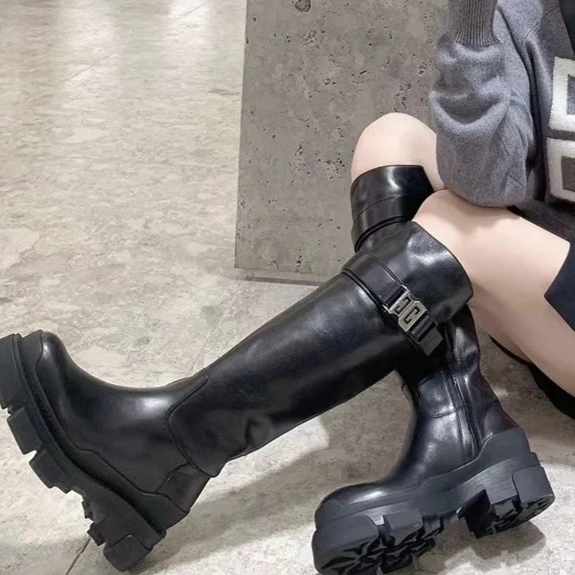 Givenchy/纪梵希女士靴子时装靴厚底黑色新款骑士靴牛皮