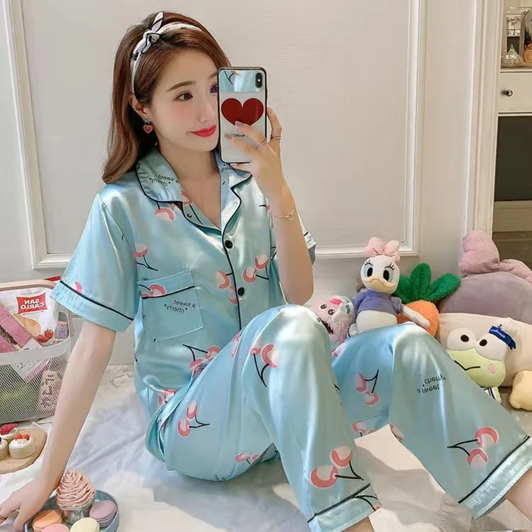 女士春秋季薄款睡衣女短袖长裤大码冰丝两件套韩版夏季家居服套装