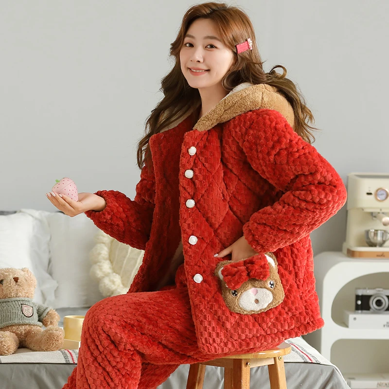 冬季睡衣女三层夹棉袄加绒加厚2023新款可爱卡通珊瑚绒家居服套装