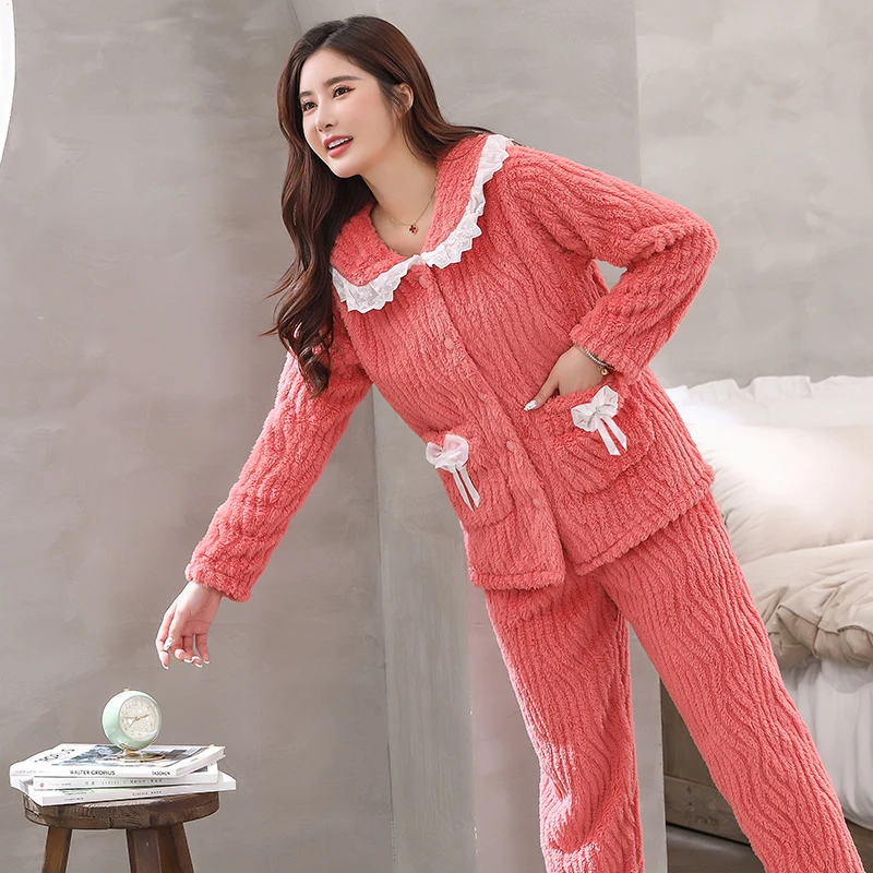睡衣女士秋冬季冬款珊瑚绒加绒加厚时尚大码保暖法兰绒家居服套装