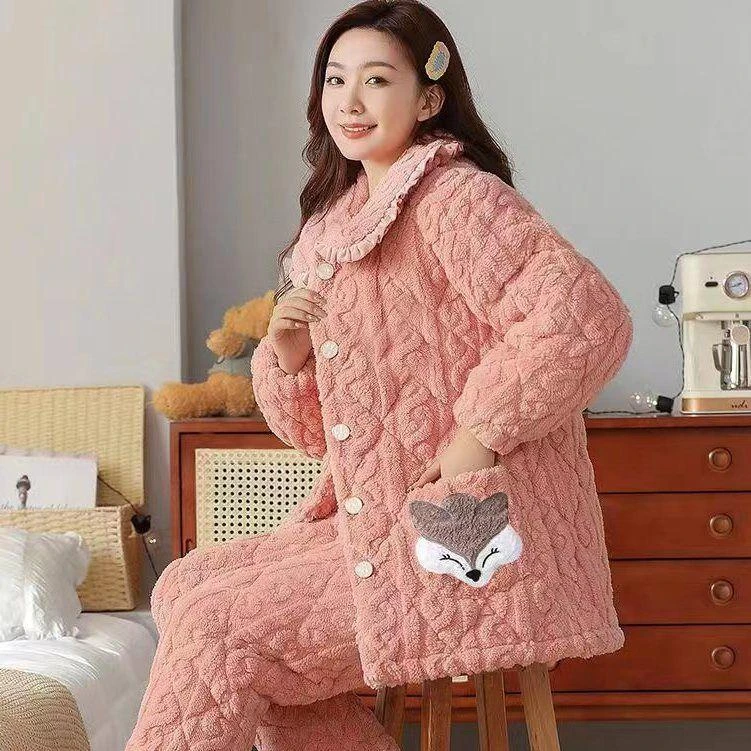 珊瑚绒睡衣女款冬季加厚加绒三层夹棉衣袄冬天超厚保暖家居服套装