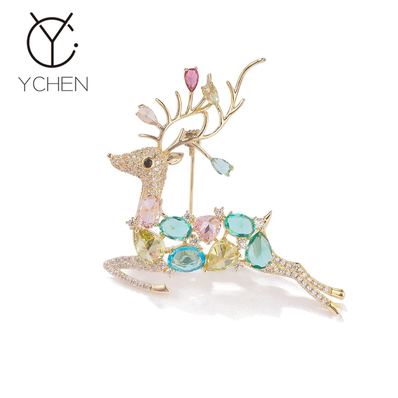 铜合金胸针 水晶七彩麋鹿胸针女高档奢华西装配饰别针