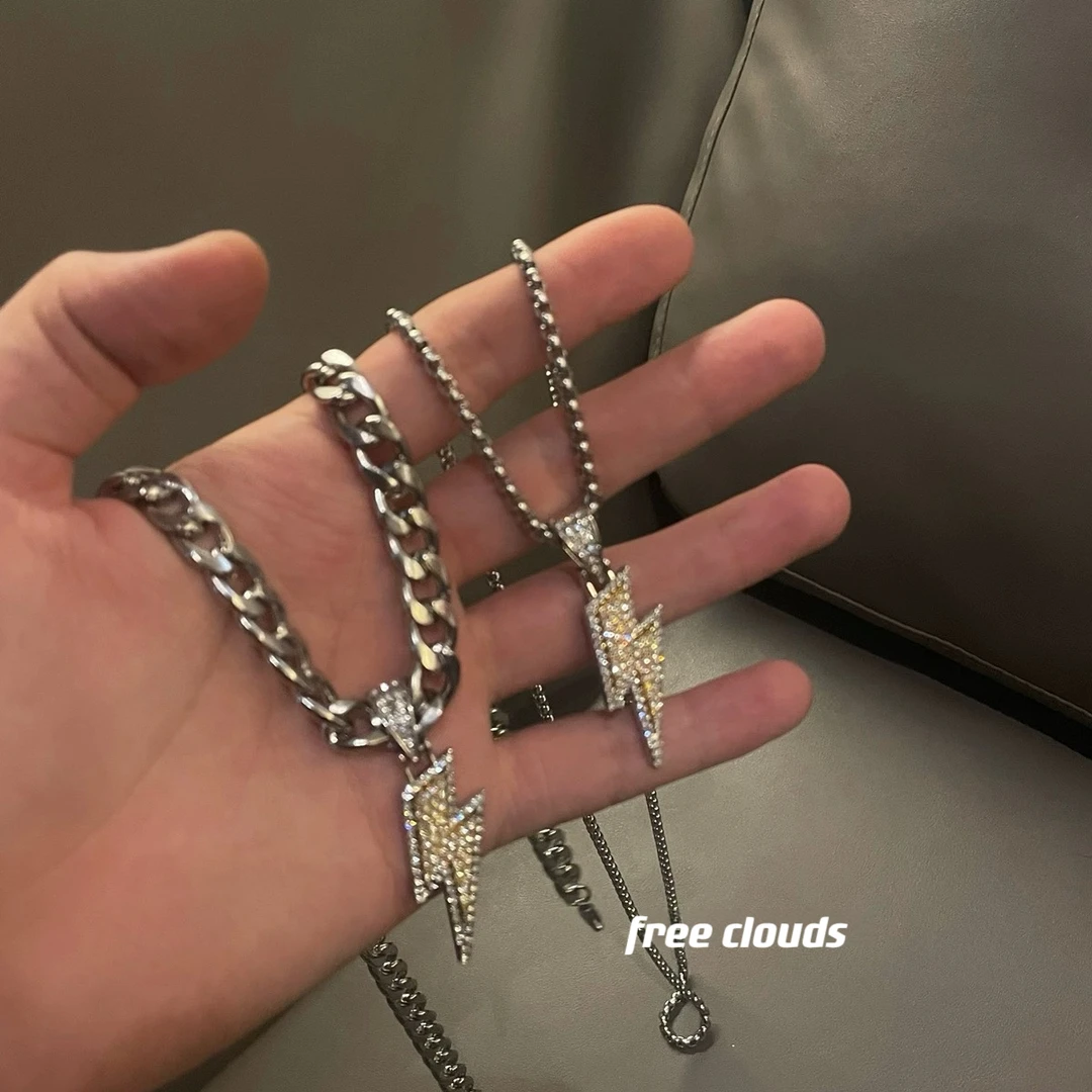 钛钢项链 爆闪电满钻项链男轻奢潮牌嘻哈风古巴链男酷锁骨链女ins